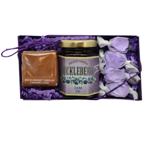 3 oz Huckleberry Jam, 4 pc Huckleberry Taffy & 2.25 oz Huckleberry Vanilla Dulce De Leche Caramel