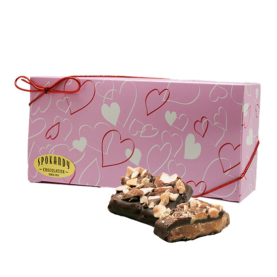 12 oz English Almond Toffee, Dark Choc. Pink gift box with hearts