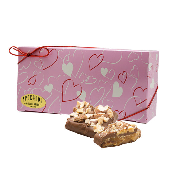 12 oz English Almond Toffee, Milk Choc. Pink gift box with hearts