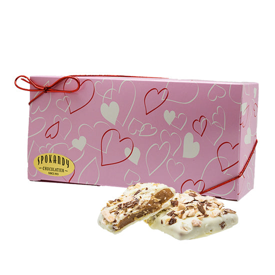 12 oz English Almond Toffee, White Choc. Pink gift box with hearts